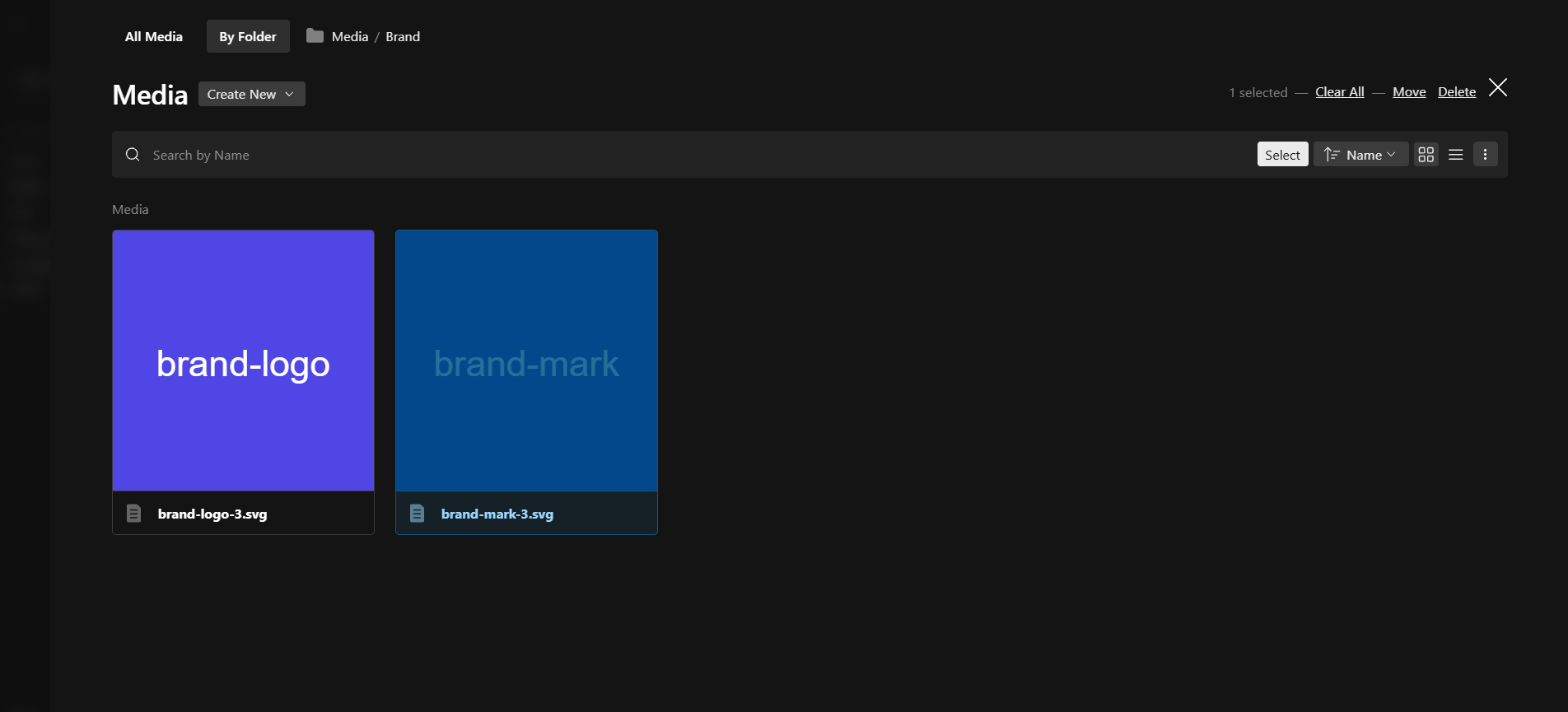 The list drawer with All Media and By Folder tabs, browsing the Media / Brand folder with one file selected and the move and delete actions in the header